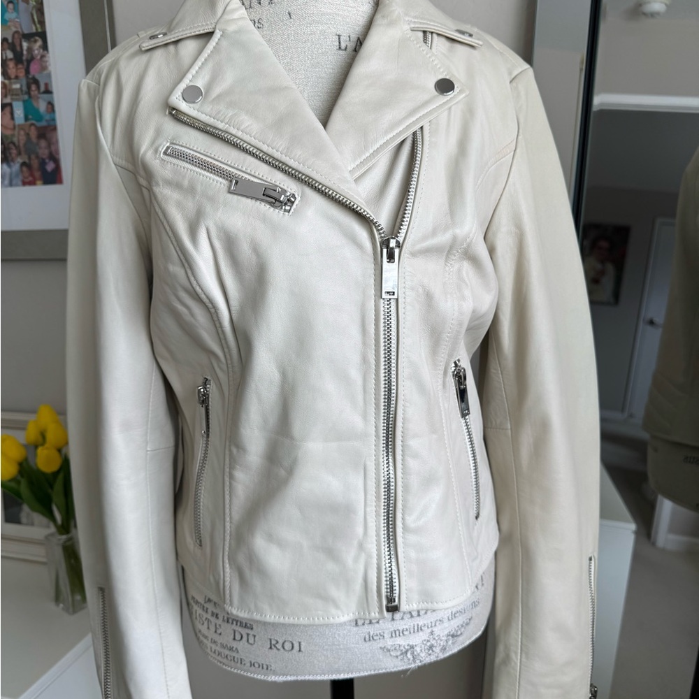 Scully Cream Leather Motorcycle Jacket with Asymmetrical Zipper